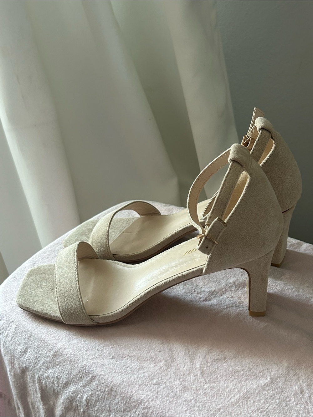 Suede Block Heel Sandals in Beige